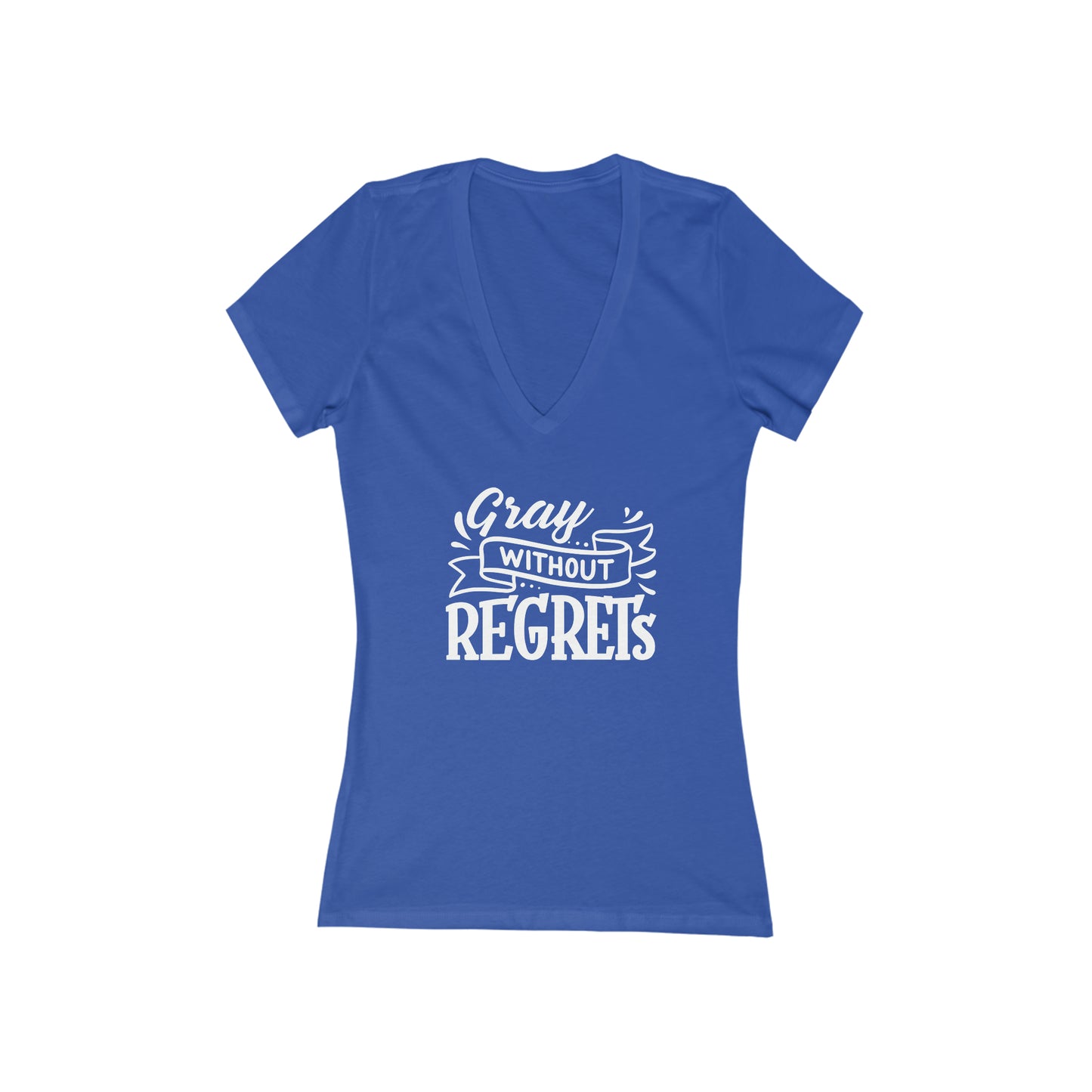 GRAY Without Regrets, short sleeve deep v-neck t-shirt, for women embracing silver and gray hair