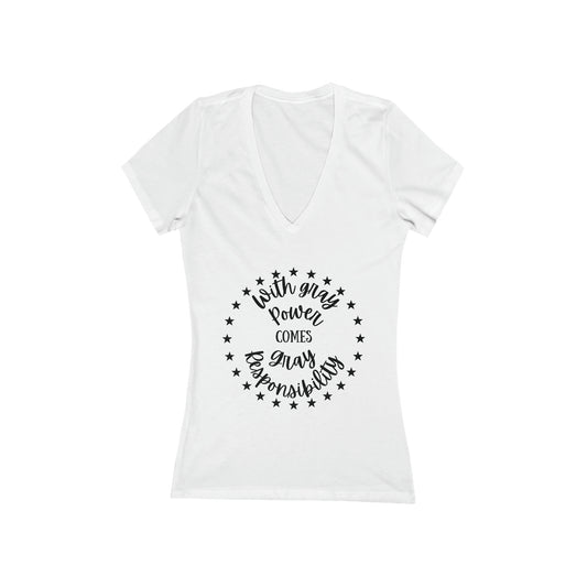 With gray hair comes gray responsibility, short sleeve deep v-neck t-shirt, for women embracing silver and gray hair
