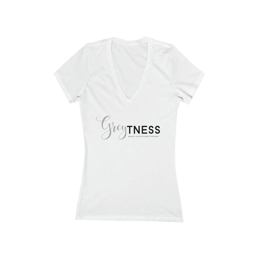 Greytness Makes Everything Possible, short sleeve deep v-neck t-shirt, for women embracing silver and gray hair