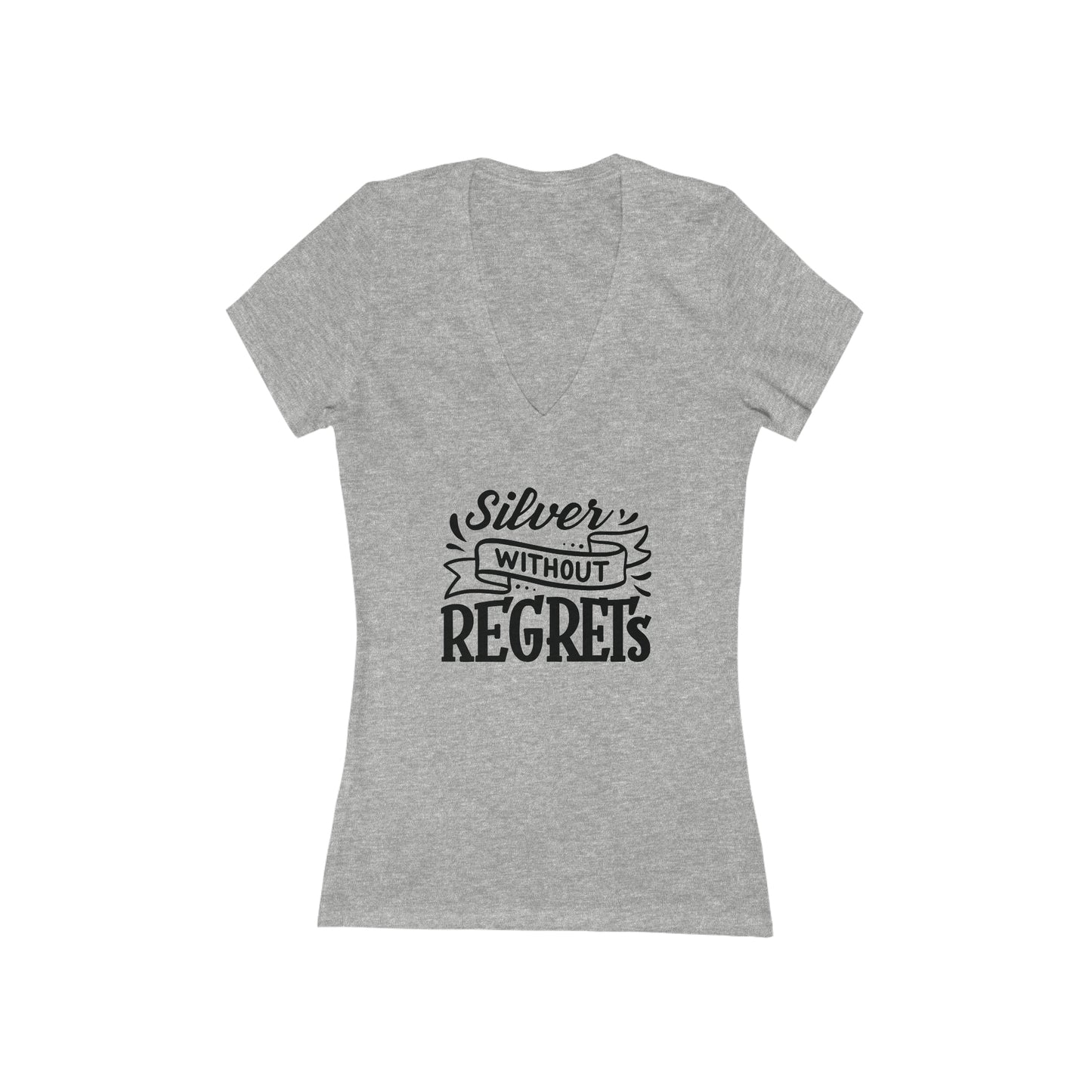 SILVER Without Regrets, short sleeve deep v-neck t-shirt, for women embracing silver and gray hair