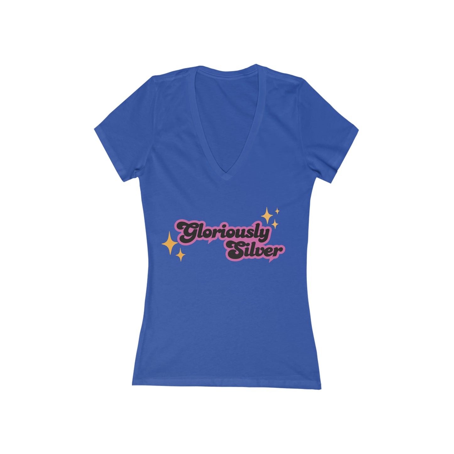 Gloriously Silver, short sleeve deep v-neck t-shirt, for women embracing silver and gray hair