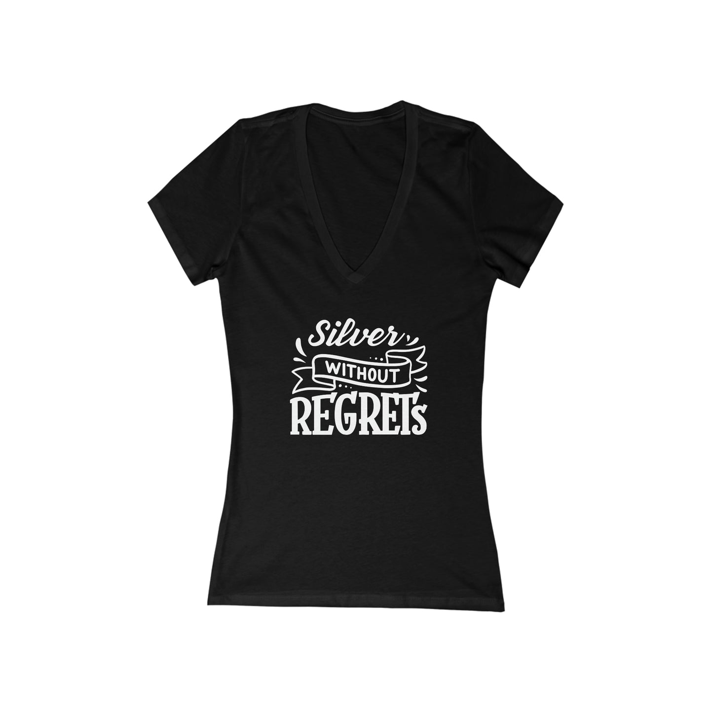SILVER Without Regrets, short sleeve deep v-neck t-shirt, for women embracing silver and gray hair