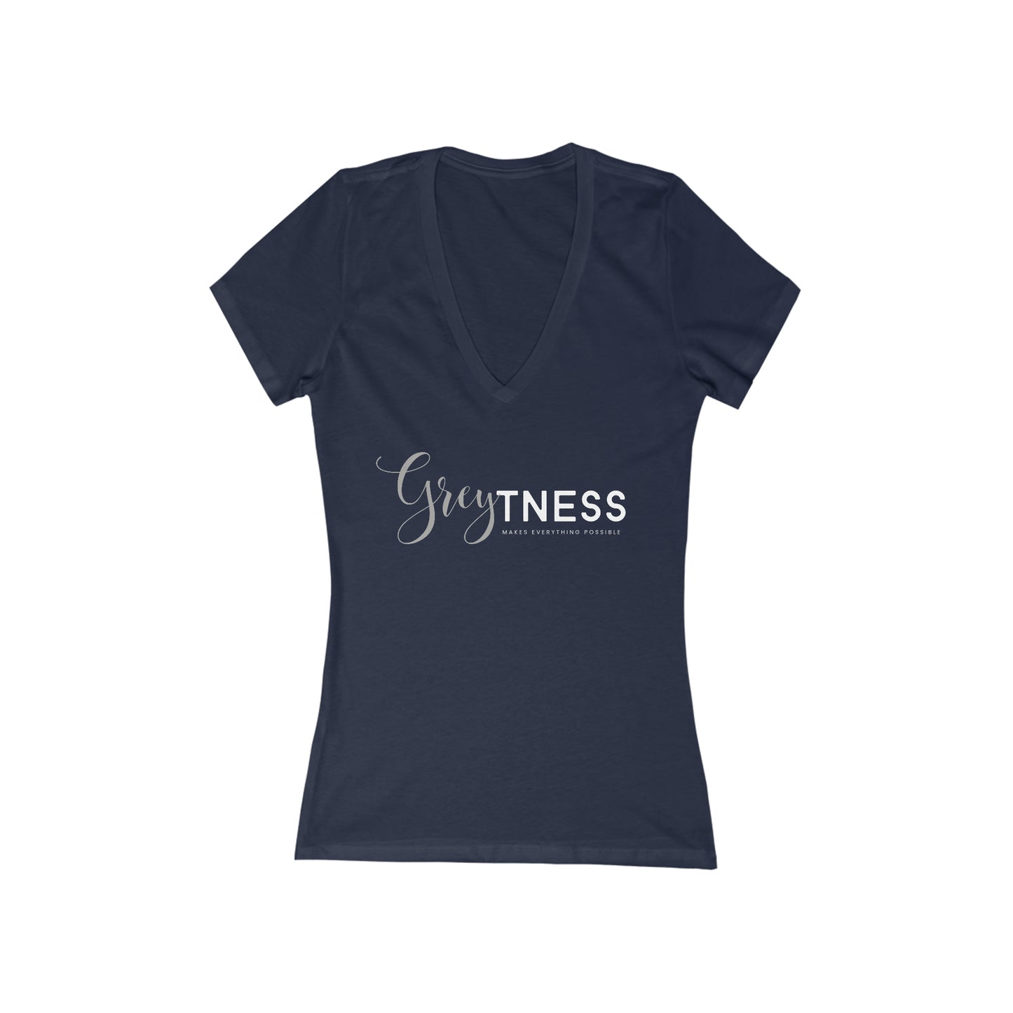Greytness Makes Everything Possible, short sleeve deep v-neck t-shirt, for women embracing silver and gray hair
