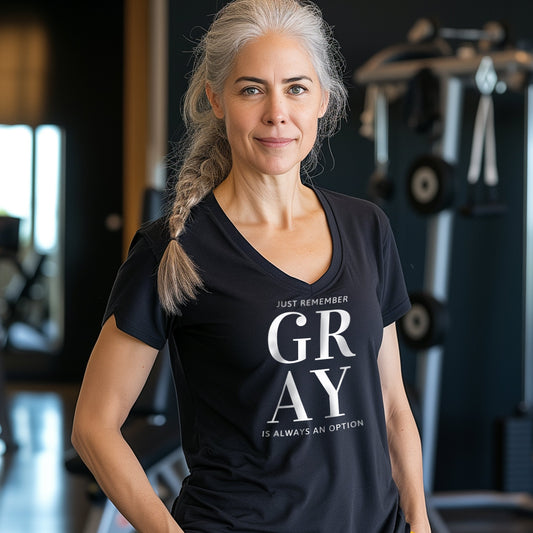 GRAY Is Always An Option, short sleeve deep v-neck t-shirt, for women embracing silver and gray hair