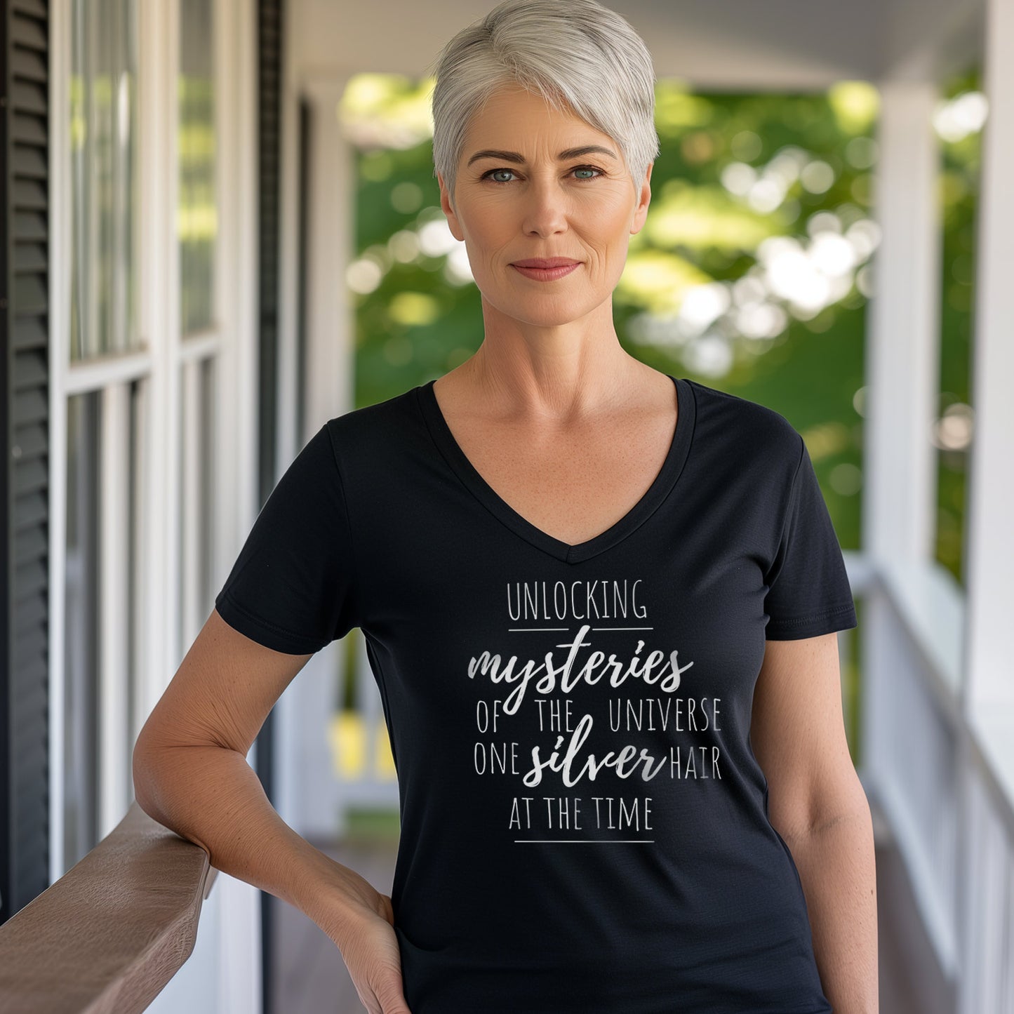 Discovering mysteries of the universe one gray hair at the time, short sleeve deep v-neck t-shirt, for women embracing silver and gray hair